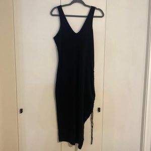 A New Day Black Asymmetrical Cinched Draw String Ruched Body Con Midi Dress